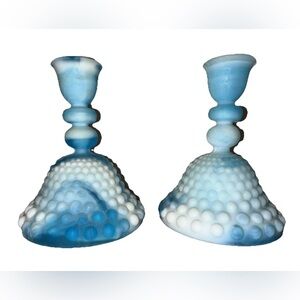 Vtg. Kanawha Blue White Swirl Satin Slag Hobnail Glass Candle‎ holder Pair Matte